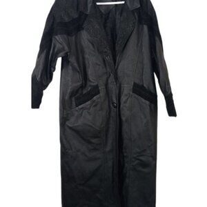 Vintage JF Apparel Womens Longline Trench Coat Black Leather Suede L